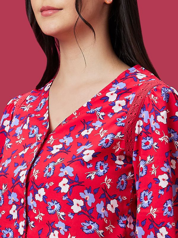 Globus Women Red Floral Print Lace Inserts Long Cuffed Sleeves Casual Top