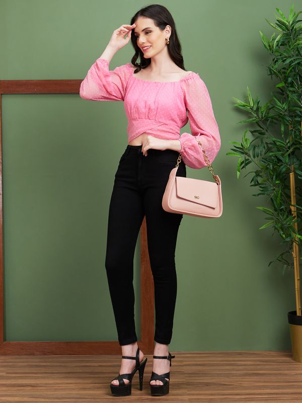 Globus Women Pink Self Design Polyester Square Neck Casual Top