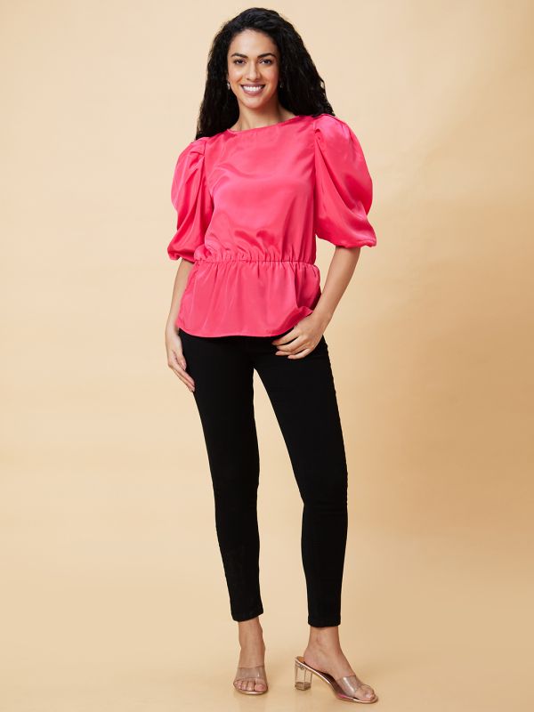 Globus Women Pink Solid Boat Neck Casual Fit To Flare Top