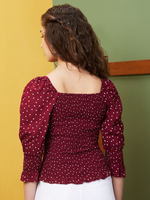 Globus Women Maroon Polka Dots Sweetheart Neck Frilled & Cinched Waist Top