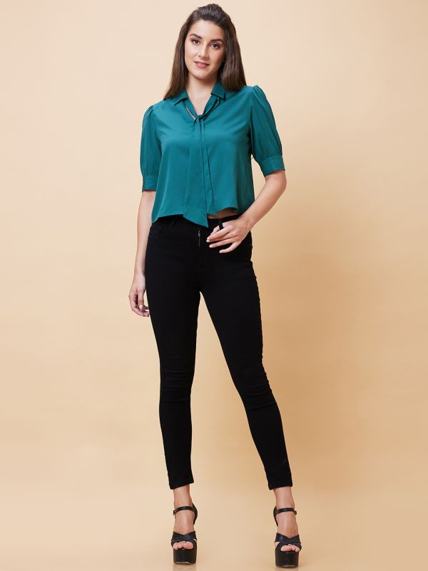 Globus Women Green Solid Tie-Up Collar Casual Top