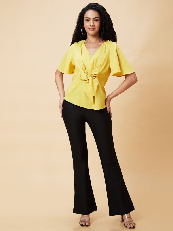 Globus Women Yellow Solid V-Neck Casual Tie Up Top