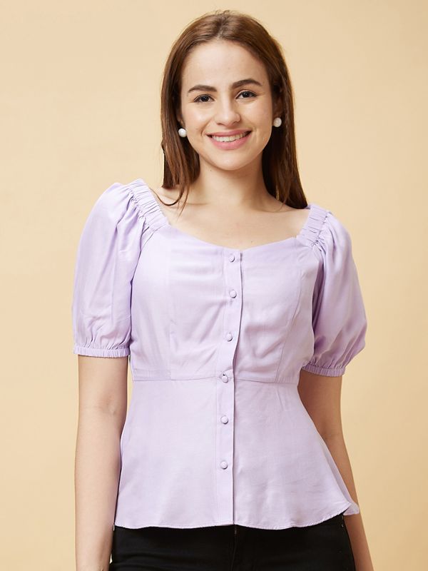 Globus Women Lilac Solid Casual Peplum Fit To Flare Top