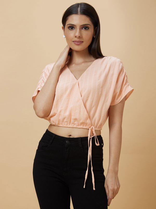 Globus Women Peach Solid Waist Tie-Up Ruched Sleeve Casual Crop Top