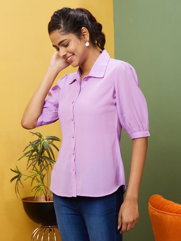 Globus Women Lilac Solid Casual Shirt Collar Shirt Style Top