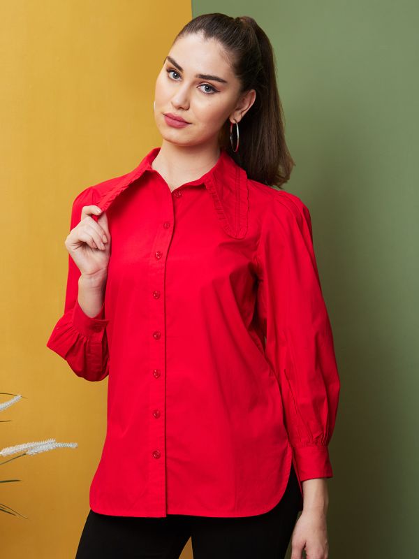 Globus Women Red Frill Collar Cuffed Sleeve Shirt Style Top 