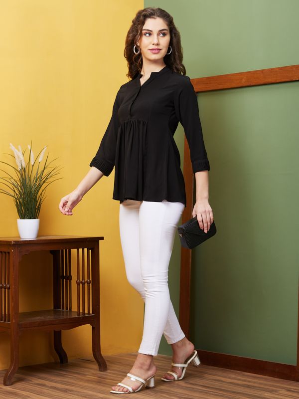 Globus Women Black Solid Casual Mandarin Collar Top