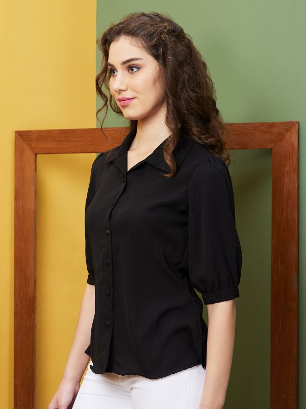 Globus Women Black Puff Sleeve Opaque Work Wear Shirt Style Top