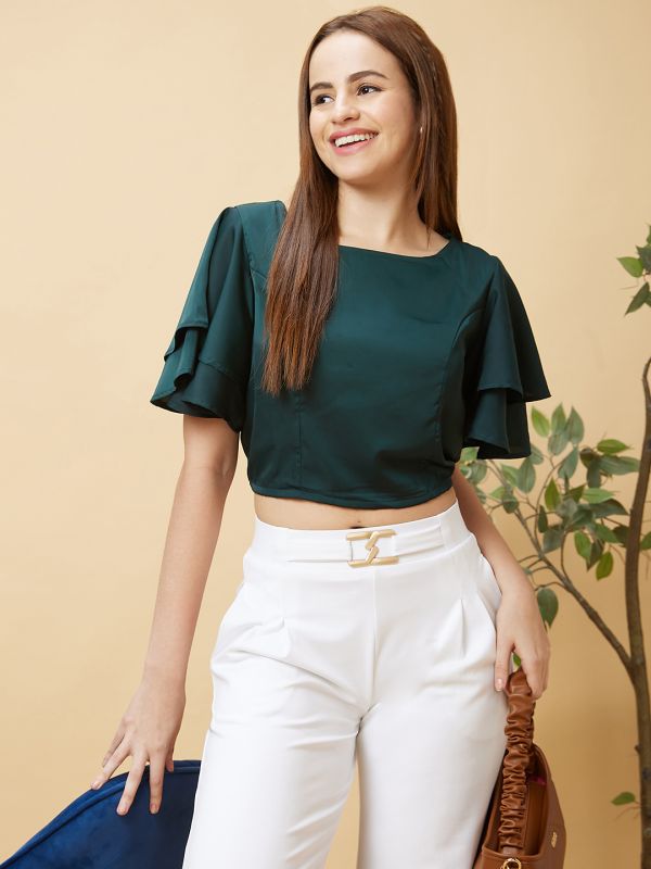 Globus Women Green Flared Sleeves Crop Top