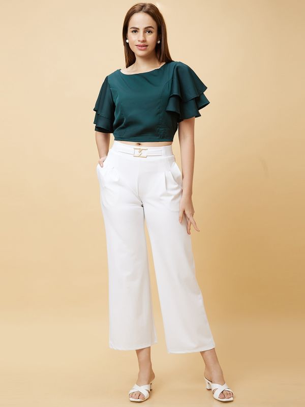 Globus Women Green Flared Sleeves Crop Top