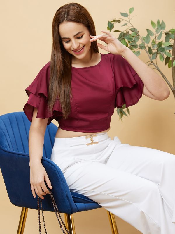 Globus Women Maroon Flared Sleeves Crop Top