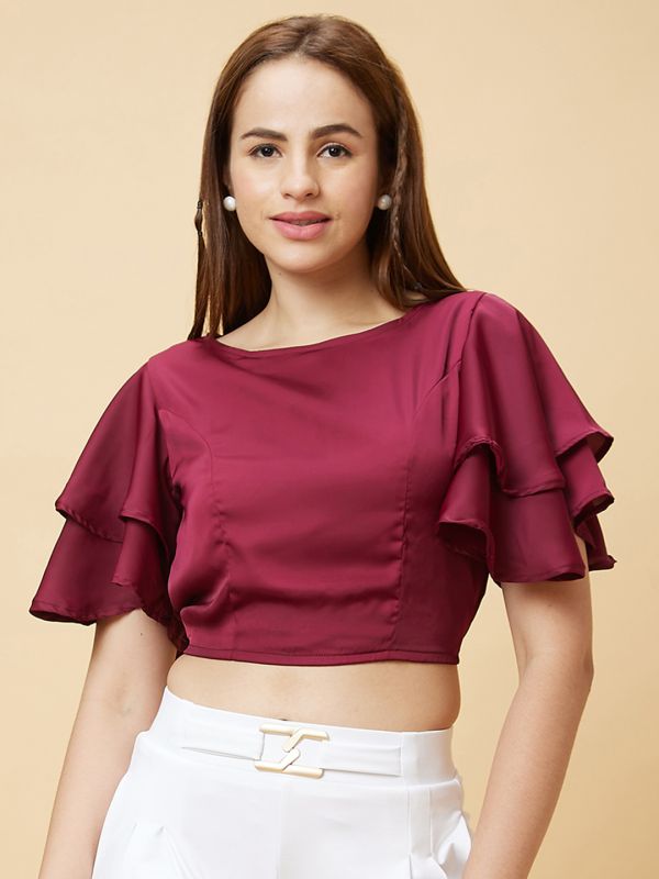 Globus Women Maroon Flared Sleeves Crop Top