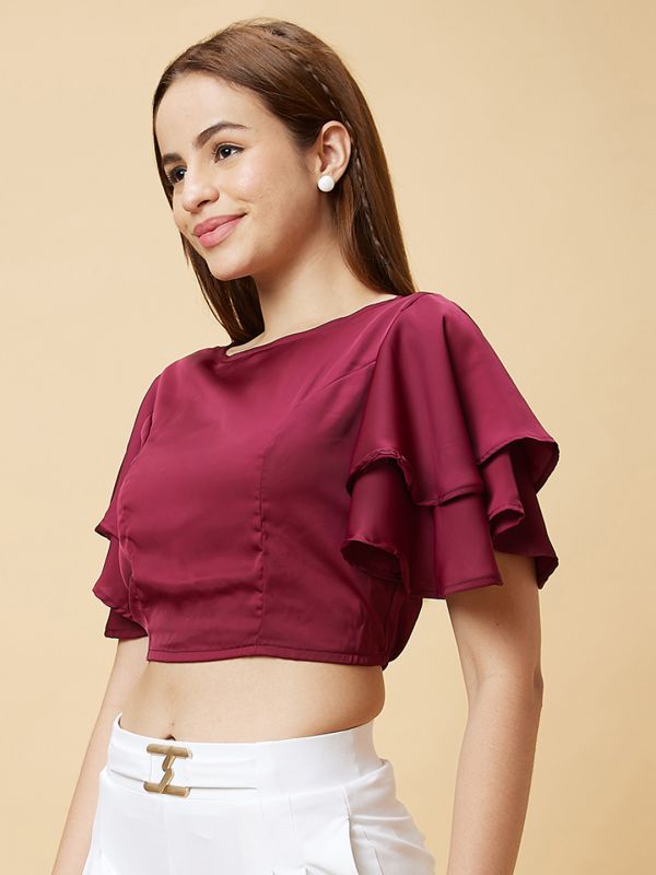 Globus Women Maroon Flared Sleeves Crop Top