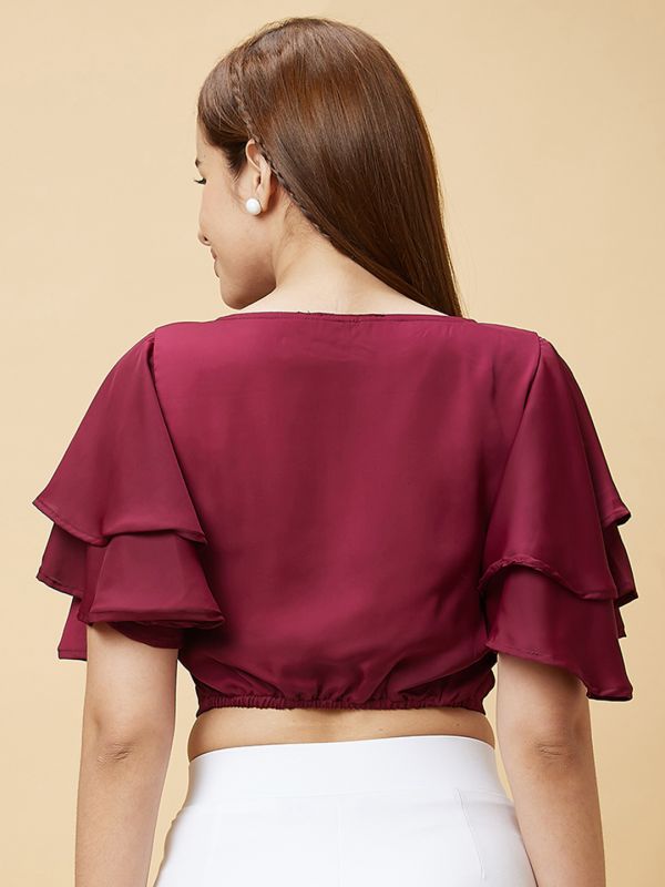 Globus Women Maroon Flared Sleeves Crop Top