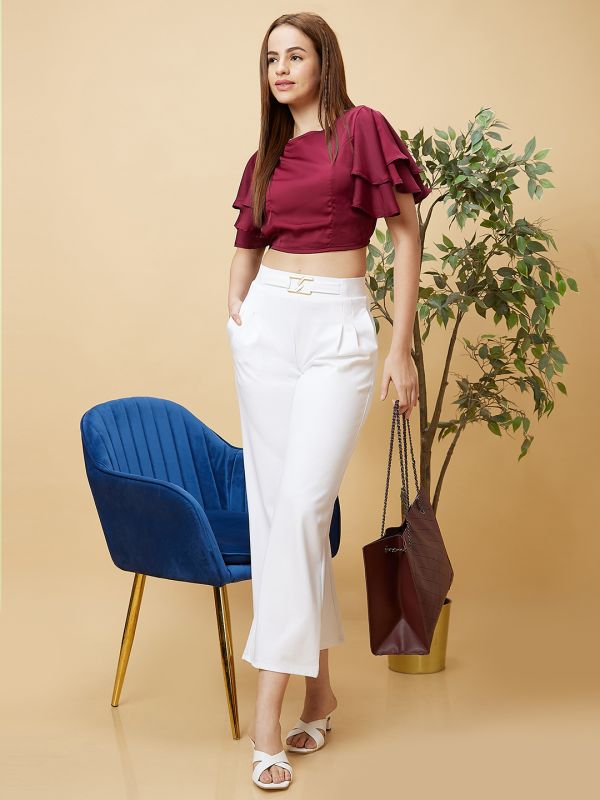 Globus Women Maroon Flared Sleeves Crop Top