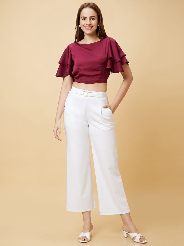 Globus Women Maroon Flared Sleeves Crop Top