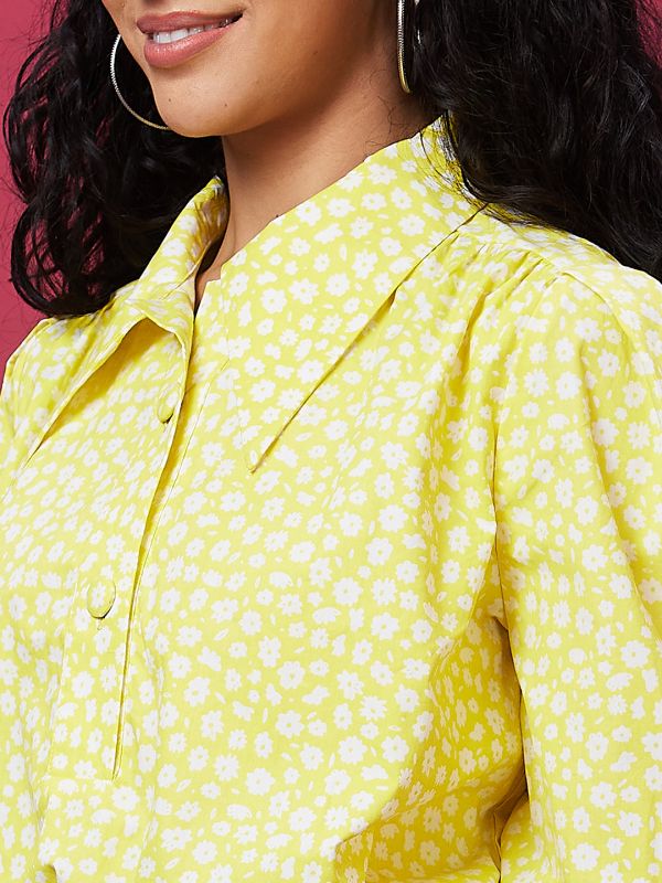 Globus Women Yellow Floral Print Shirt Collar Crop Top