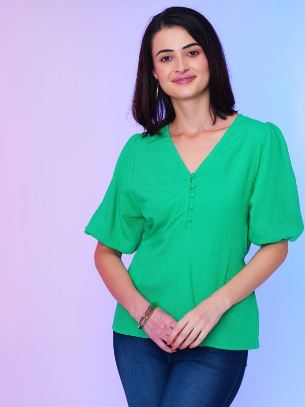 Globus Women Green V-Neck Puff Sleeves Peplum Top