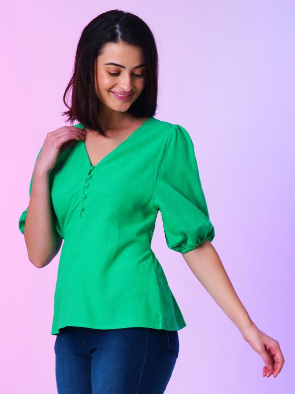 Globus Women Green V-Neck Puff Sleeves Peplum Top