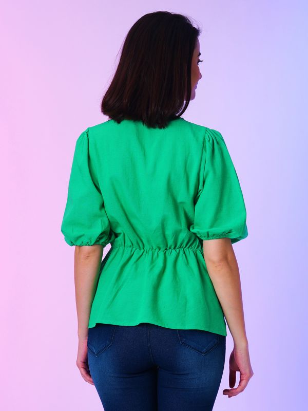 Globus Women Green V-Neck Puff Sleeves Peplum Top