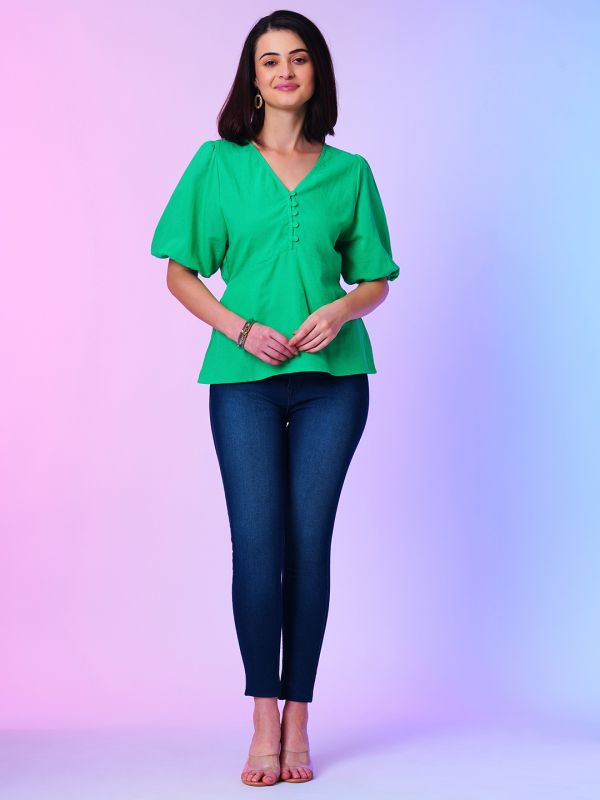 Globus Women Green V-Neck Puff Sleeves Peplum Top