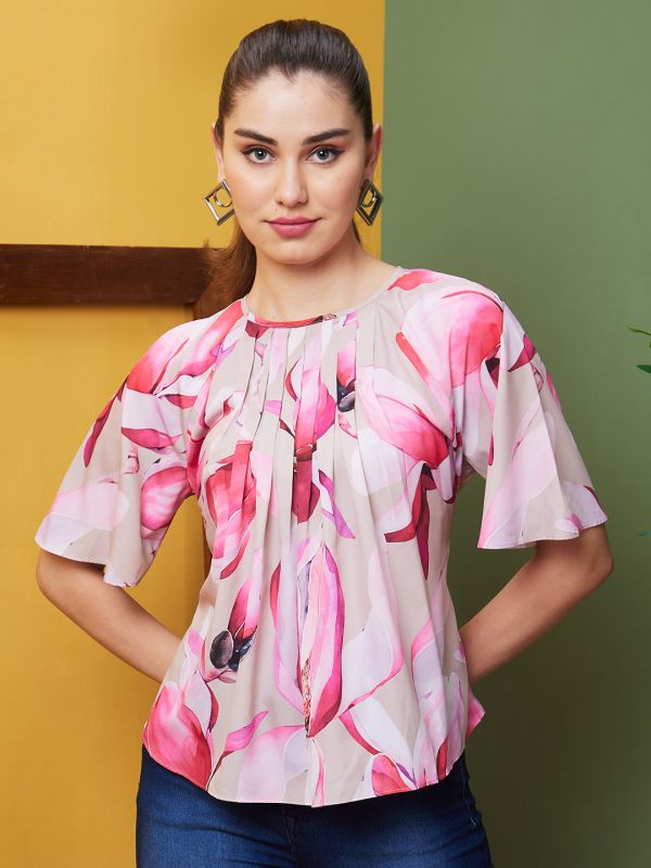 Globus Women Pink Printed Casual Round Neck Regular Top