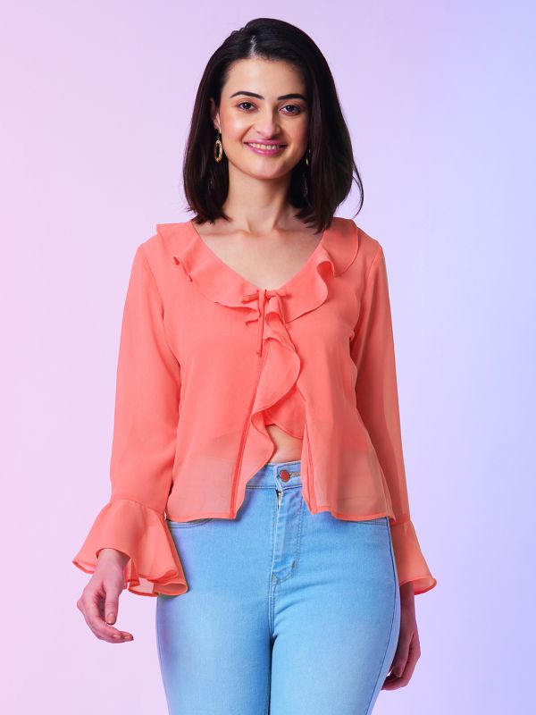 Globus Women Coral Loose Fit Bell Sleeves Ruffled Shrug Top