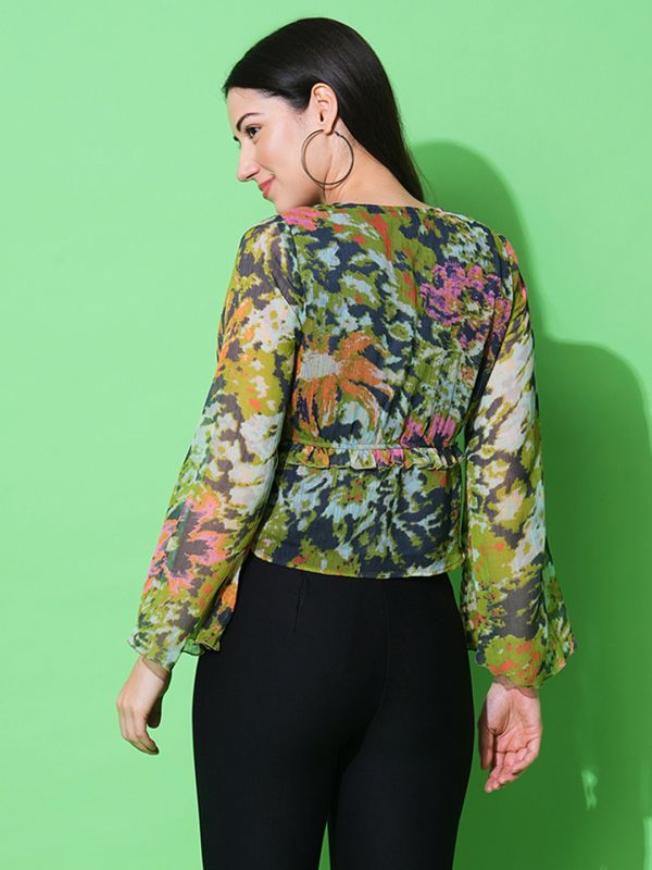 Globus Women Multi Green V-Neck Bell Sleeves Allover Floral Print Top