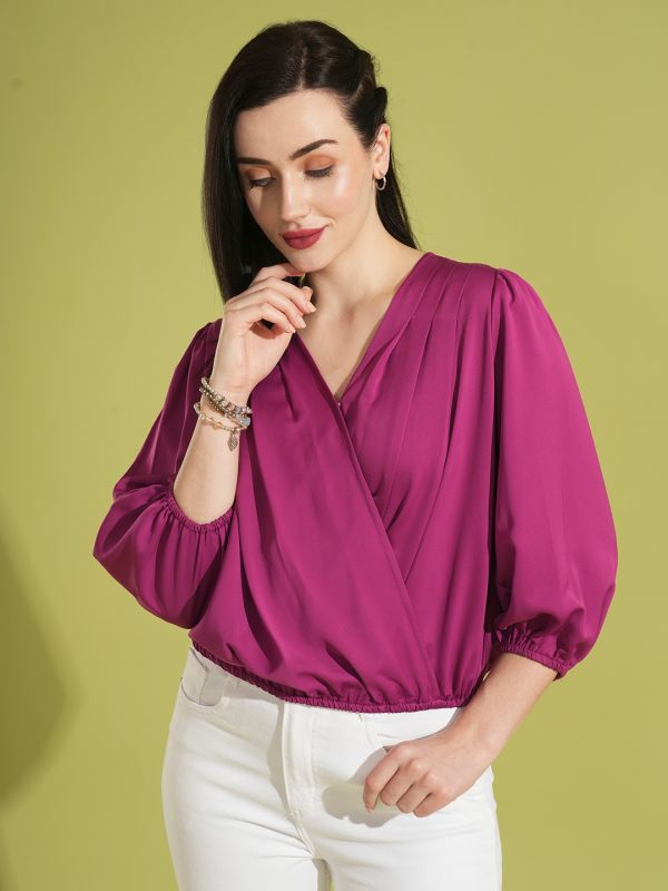 Globus Women Magenta V-Neck Puff Sleeves Pleated Detail Workwear Wrap Top