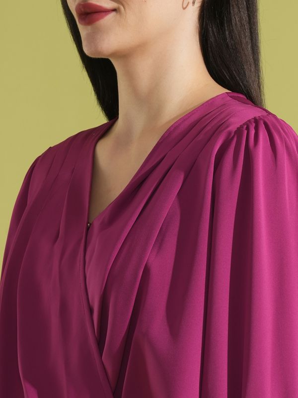 Globus Women Magenta V-Neck Puff Sleeves Pleated Detail Workwear Wrap Top