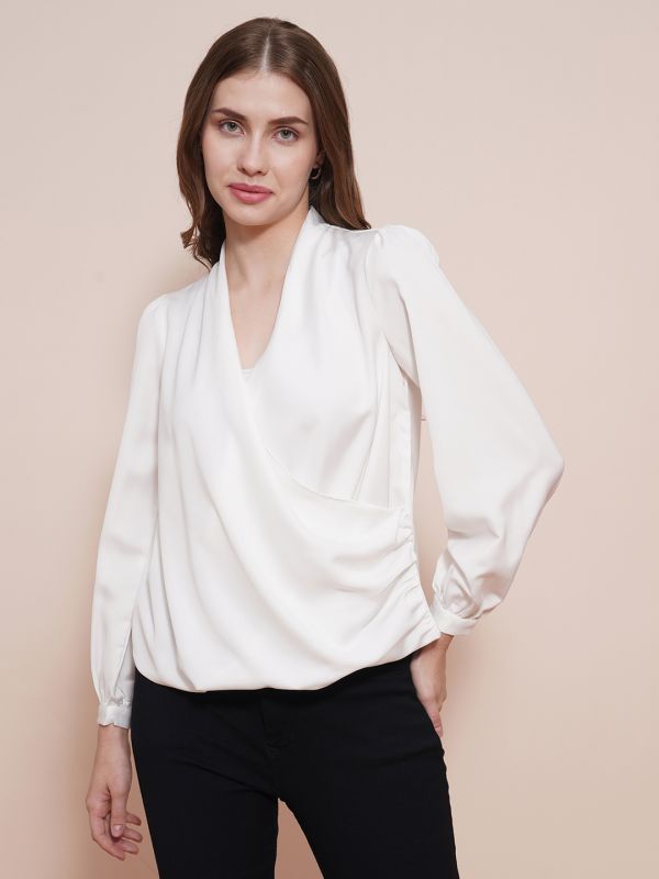 Globus Women White Solid Wrap Neck Cuffed Sleeves Gathered Waist Satin Workwear Top