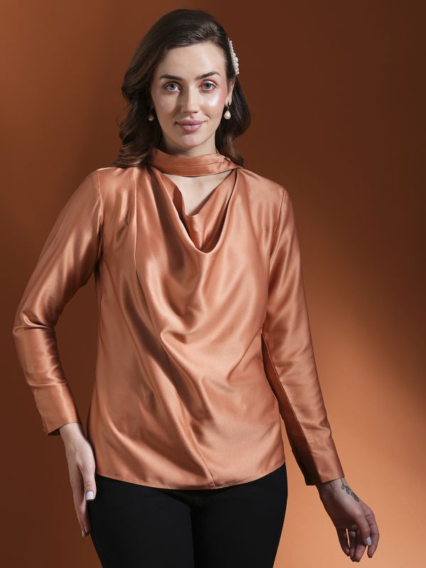 Globus Women Rust Cowl Neck Long Cuffed Sleeves Stain Workwear Top