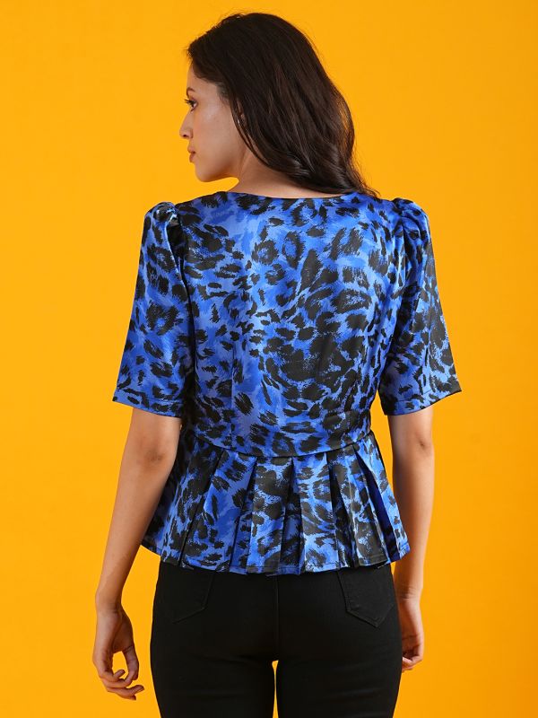 Globus Women Blue Animal Printed Boat Neck Puff Sleeves Workwear Peplum Top