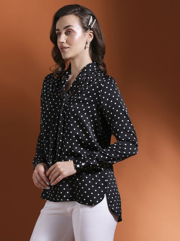 Globus Women Black Polka Dots Tie-Up Neck Cuffed Sleeves Stain Work Wear Top