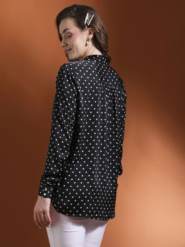 Globus Women Black Polka Dots Tie-Up Neck Cuffed Sleeves Stain Work Wear Top