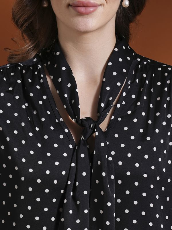 Globus Women Black Polka Dots Tie-Up Neck Cuffed Sleeves Stain Work Wear Top