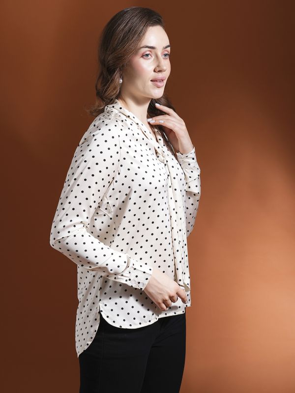 Globus Women White Polka Dots Tie-Up Neck Cuffed Sleeves Stain Work Wear Top