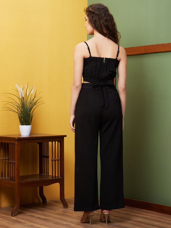 Globus Women Black Square Neck Strappy Shoulder Structured Tie-Up Crop Top & Front Slit Trousers Co-Ord Set