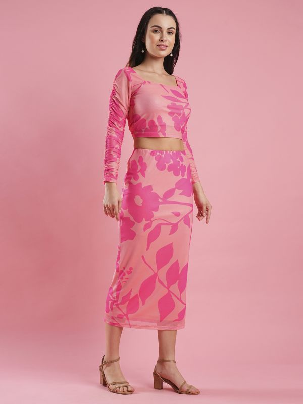 Globus Women Pink Floral Print Sqaure Neck Crop Top & Calf Length Pencil Skirt Co-Ord Set