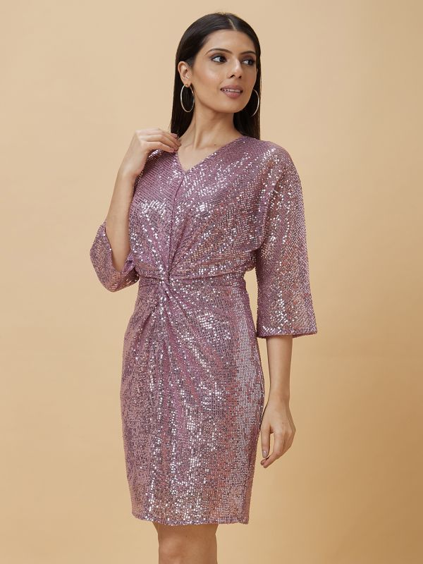 Globus Women Pink Sequinned Twisted Detail Sheath Party Dress