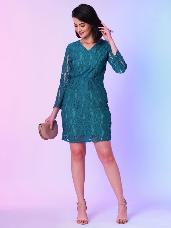 Globus Women Teal Lace Bodycon Party Dress