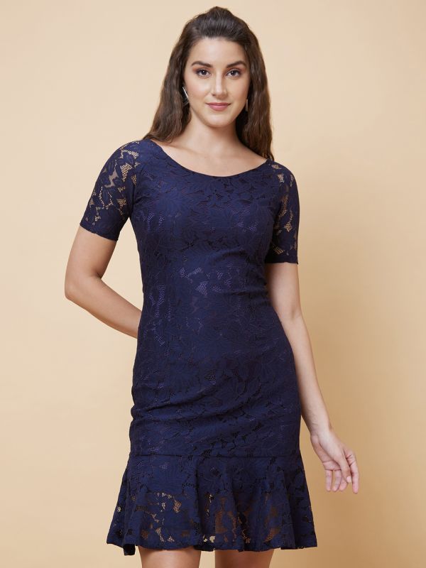 Globus Women Navy Self Design Round Neck Lace Party Bodycon Dress