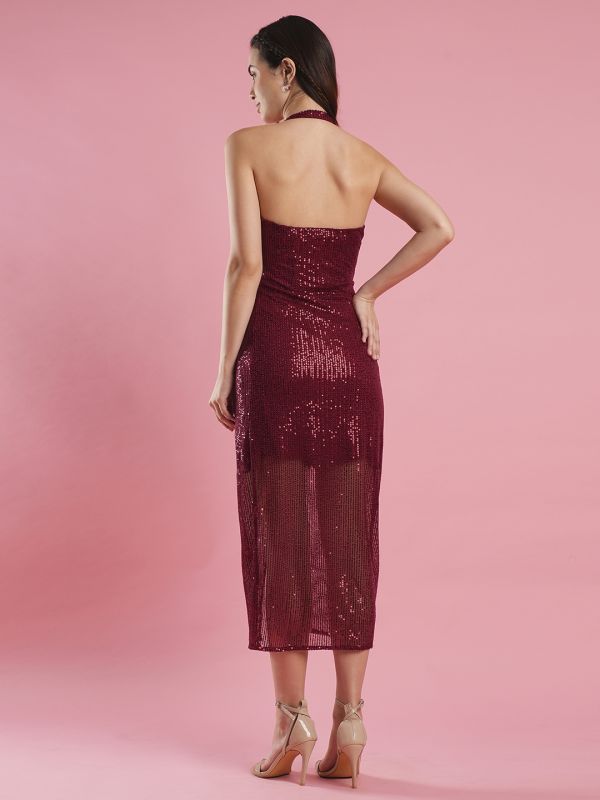 Globus Women Maroon Halter Neck Wrap Waist Tie-Up Backless Sequinned Midi Party Dress