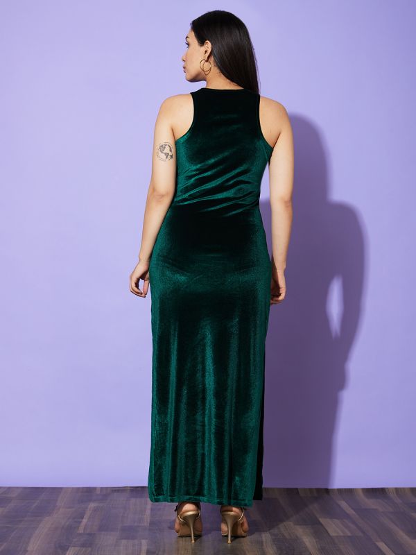 Globus Women Green Halter Neck Velvet Bodycon Maxi Party Dress