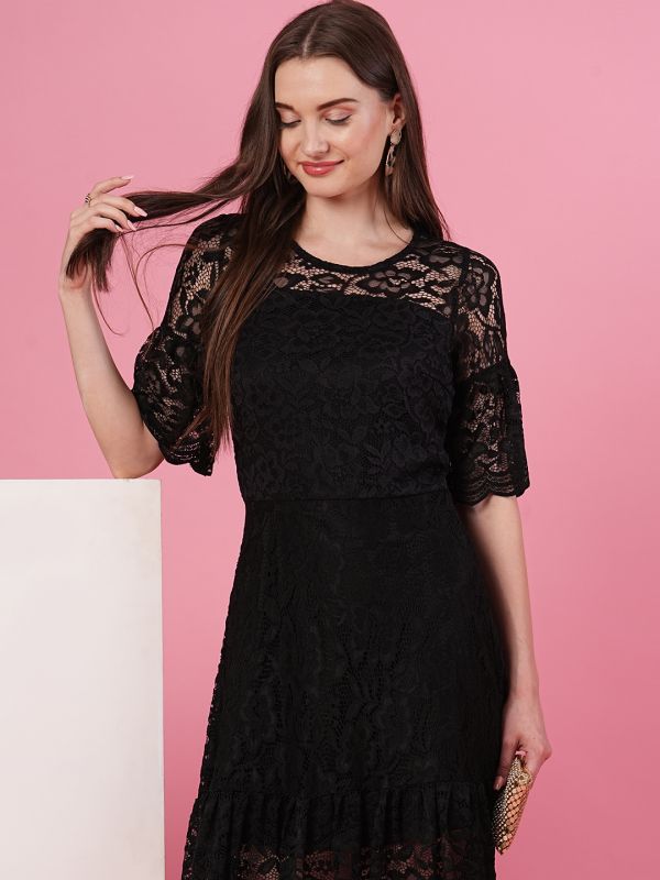 Globus Women Black Bell Sleeves Flared Hem Floral Lace A-Line Party Dress