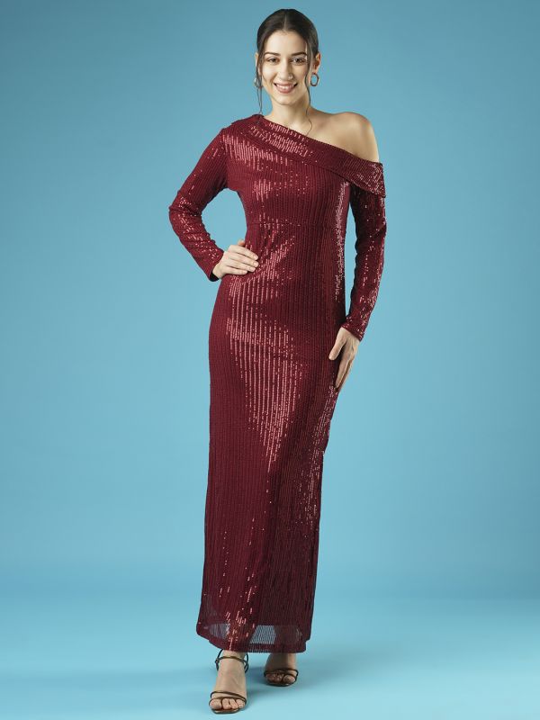 Globus Women Maroon Sequinned Stripes One Shoulder Long Sleeves Side Slit Sheath Maxi Party Dress