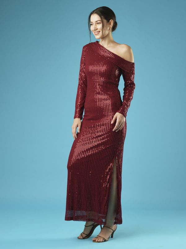 Globus Women Maroon Sequinned Stripes One Shoulder Long Sleeves Side Slit Sheath Maxi Party Dress