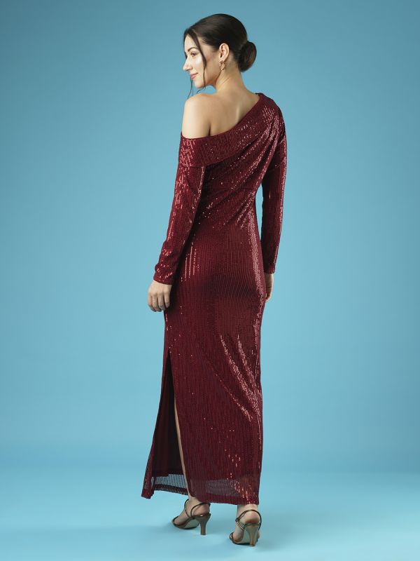 Globus Women Maroon Sequinned Stripes One Shoulder Long Sleeves Side Slit Sheath Maxi Party Dress