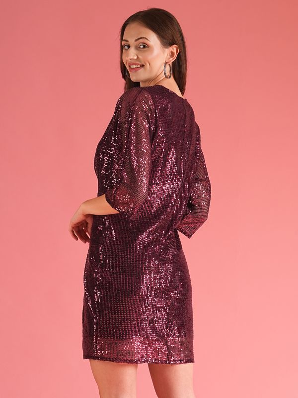 Globus Women Wine Gathered & Sequinned A-Line Party Dress