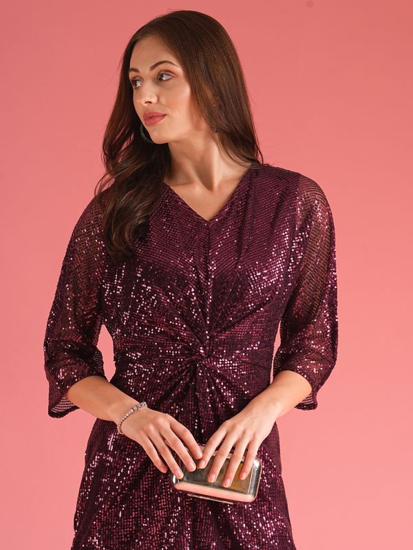 Globus Women Wine Gathered & Sequinned A-Line Party Dress